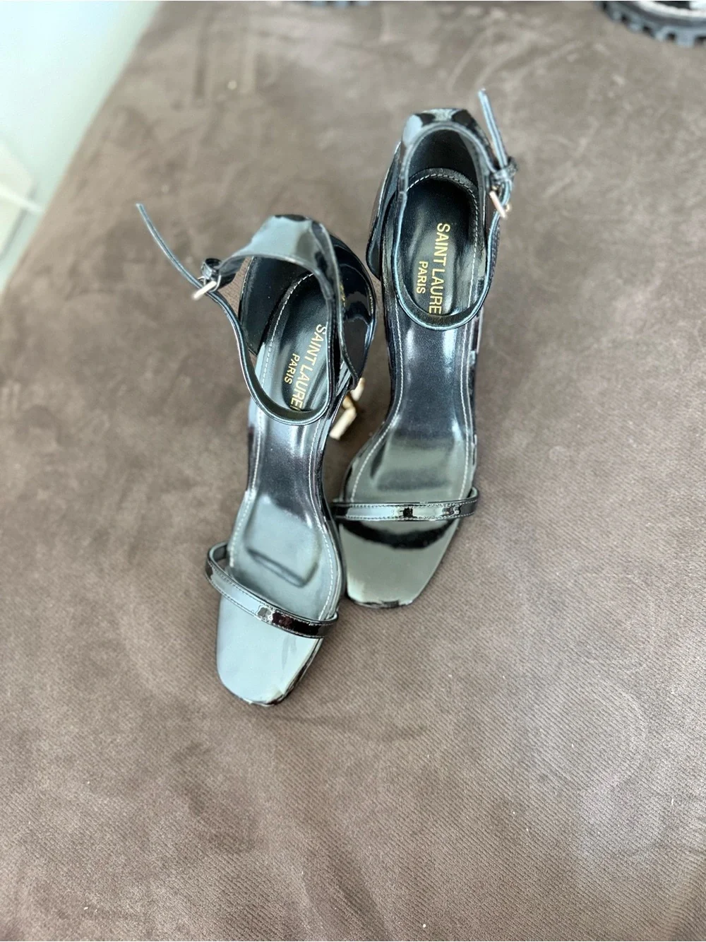 Louis Vuitton Black Patent Sandals with Gold LV Logo Heels